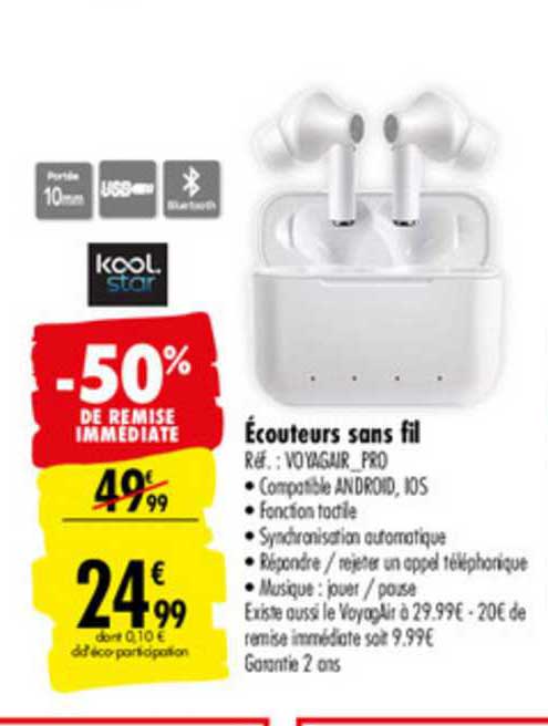 écouteurs sans fil kool star -50% de remise immédiate
