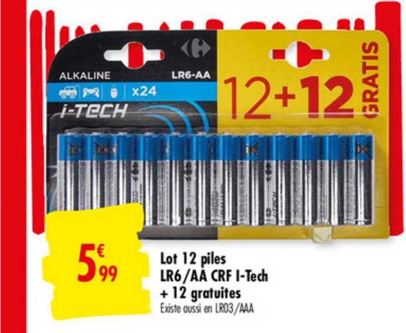 lot 12 piles lr 6 aa crf i tech + 12 gratuites