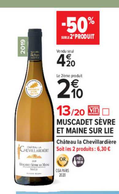 muscadet sèvre et miane sur lie château la chevillardière -50% sur le 2e produit