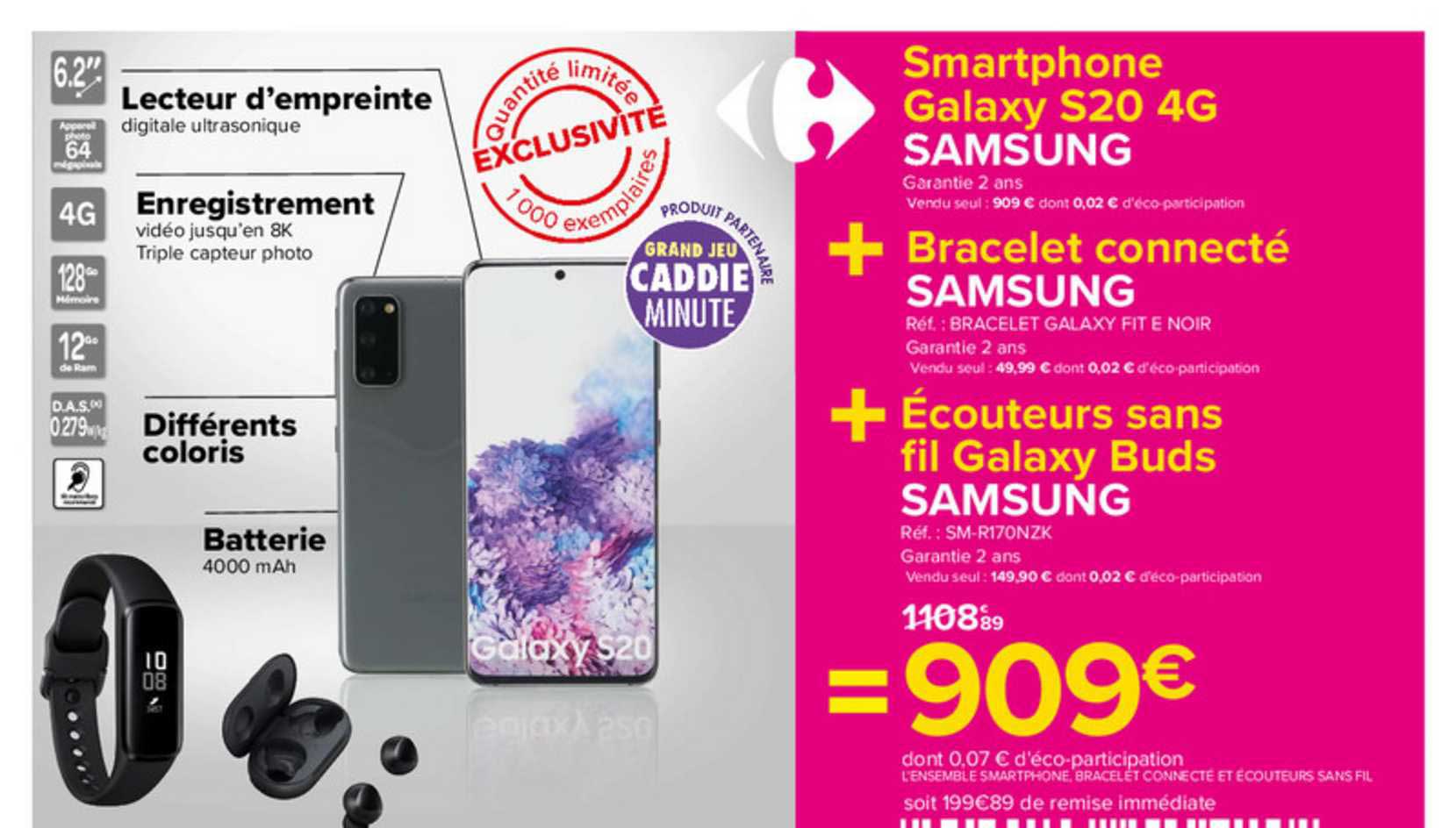 smartphone galaxy s20 4g + bracelet connecté + écouteurs sans fil galaxy buds samsung