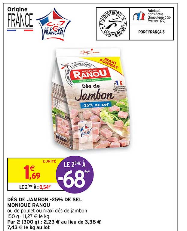 dés de jambon 25% de sel monique ranou