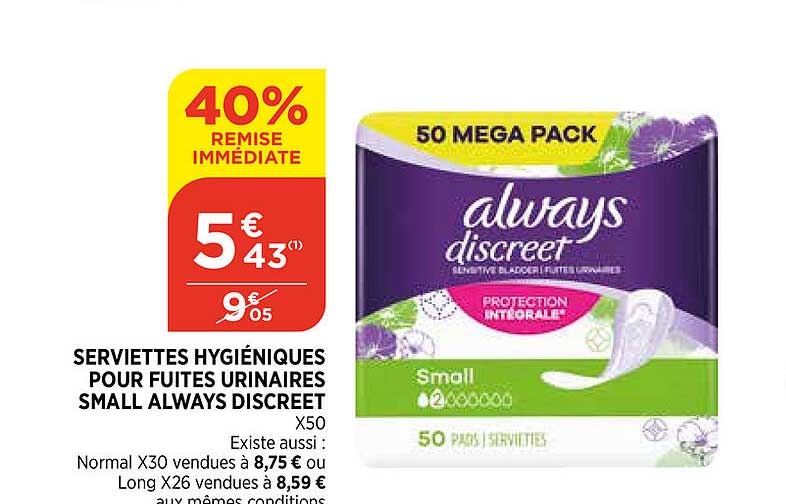 serviettes hygiéniques pour fuites urinaires small always discreet