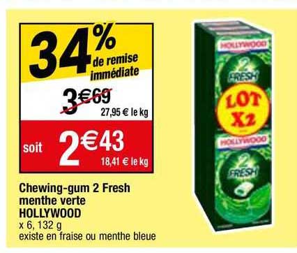 chewing-gum 2 fresh menthe verte hollywood
