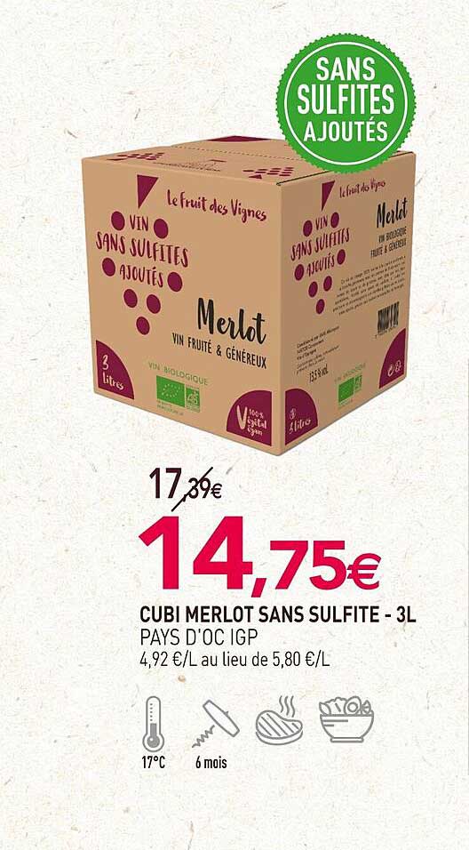 cubi merlot sans sulfite pays d'oc igp - 3l