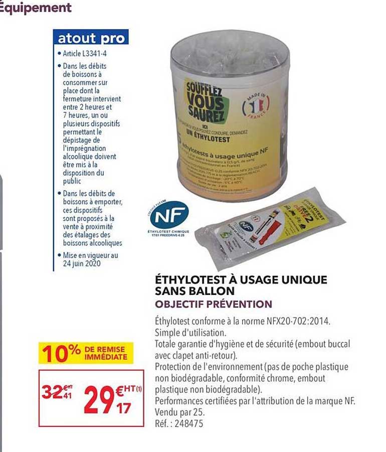 éthylotest à usage unique sans ballon objectif prévention