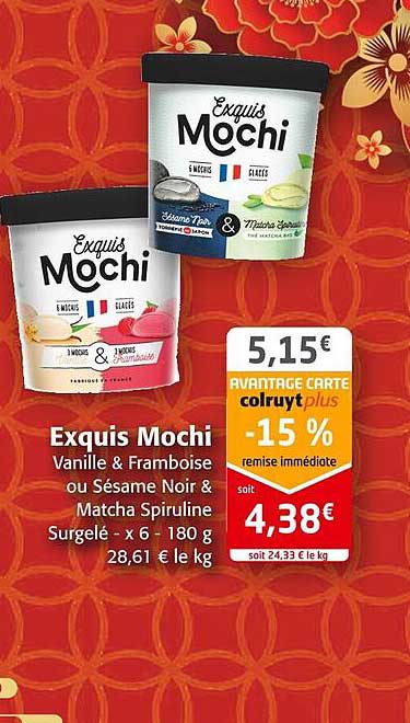 exquis mochi vanille & framboise ou sésame noir é matcha spiruline surgelé
