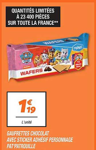 gaufrettes chocolat avec sticker adhésif personnage pat'patrouille