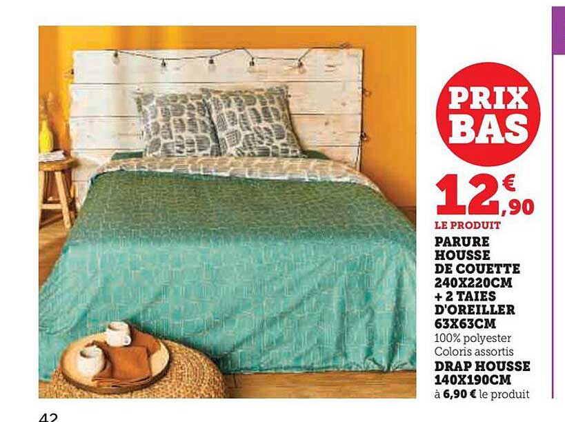 parure housse de couette 240 x 220 cm + 2 taies d'oreiller 63 x 63 cm, drap housse 140 x 190 cm