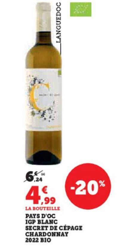 pays d'oc igp blanc secret de cépage chardonnay 2022 bio