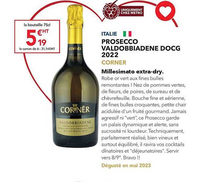 prosecco valdobbiandene docg 2022 corner millesimato extra-dry