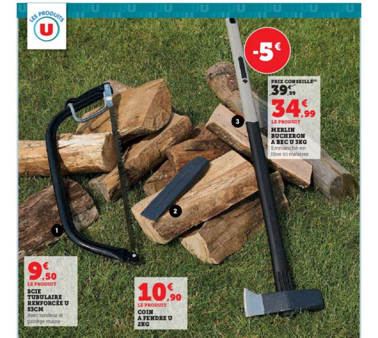 scie tubulaire renforcée u 53 cm, coin à fendre u 5kg, merlin bucheron à bec u 3kg