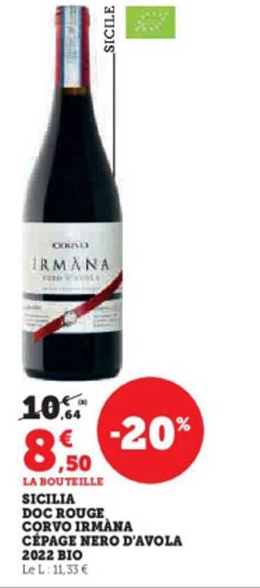 sicilia doc rouge corvo irmàna cepage nero d'avola 2022 bio