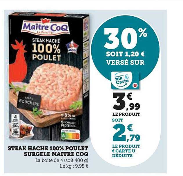steak haché 100% poulet surgelé maître coq