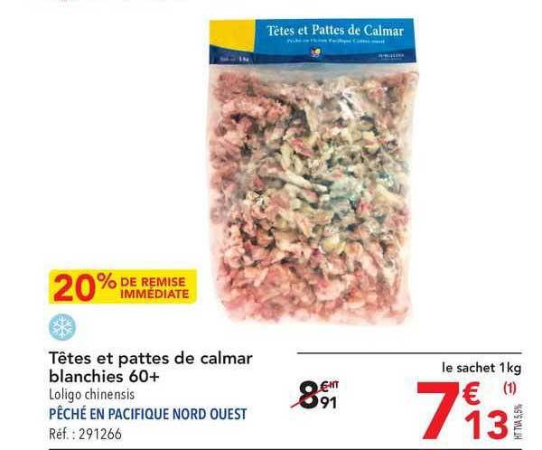têtes et pattes de calmar blanchies 60+