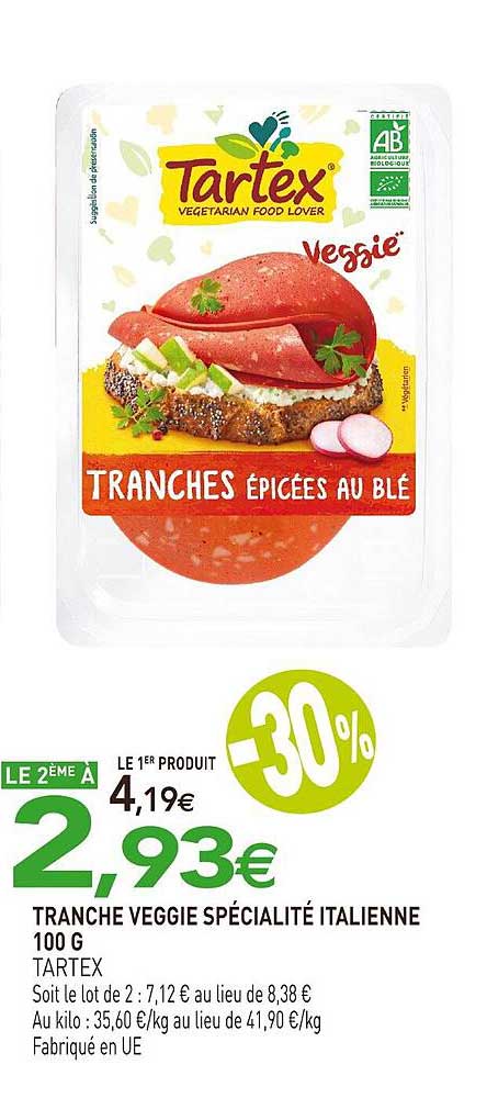 tranche veggie spécialité italienne tartex 100g
