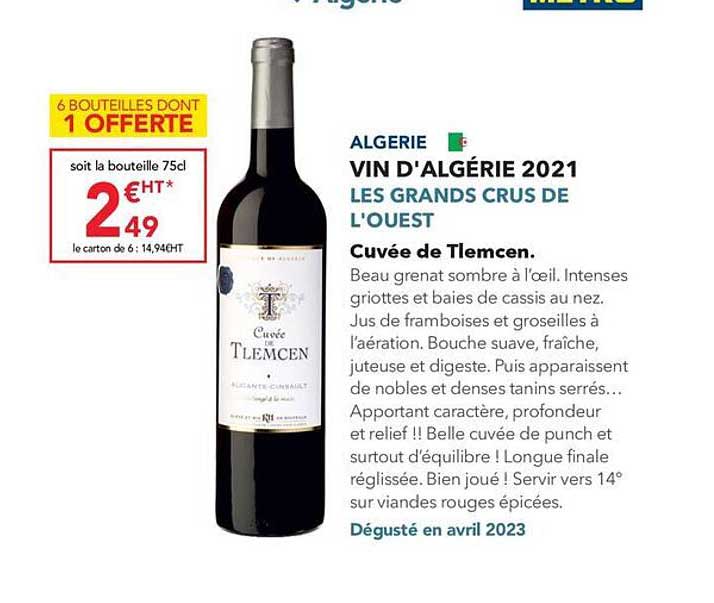 vin d'algérie 2021 les grands crus de l'ouest cuvée de tlemcen