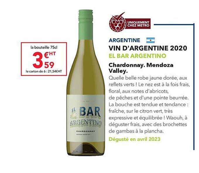 vin d'argentine 2020 el bar argentino chardonnay mendoza valley