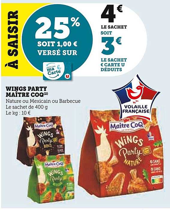 wings party maître coq nature ou mexicain ou berbecue le sachet