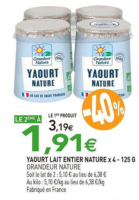 yaourt lait entier nature x 4 grandeur nature - 125 g