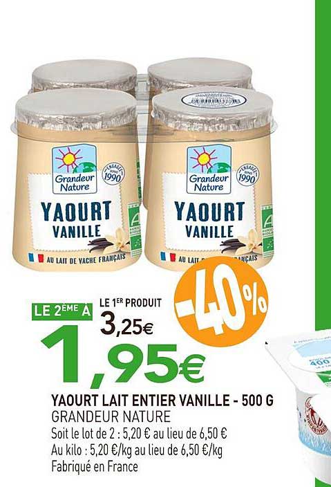 yaourt lait entier vanille grandeur nature - 500 g