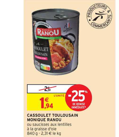cassoulet toulousain monique ranou -25% remise immédiate