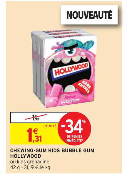 chewing gum kids bubble gum hollywood -34% remise immédiate