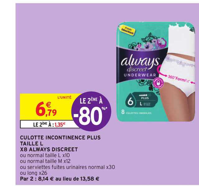 Culotte Incontinence Plus Taille L X8 Always Discreet Le 2ème à -80%