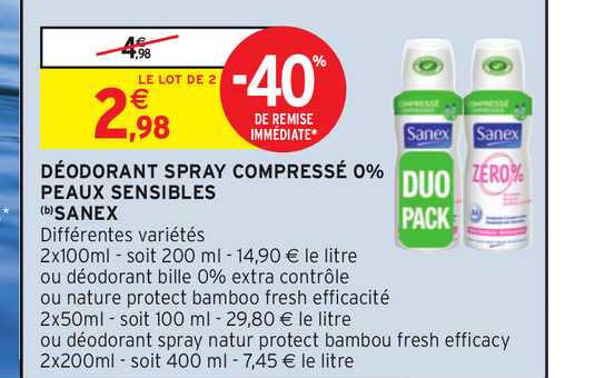 Déodorant Spray Compressé 0% Peaux Sensibles Sanex -40% Remise Immédiate