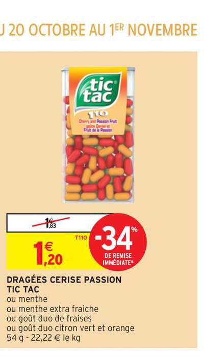 dragées cerise passion tic tac -34% remise immédiate