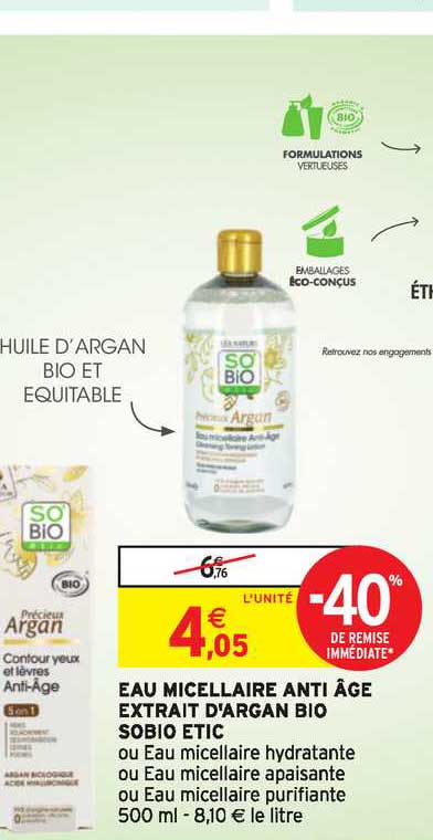 eau micellaire anti âge extrait d'argan bio sobio etic -40% remise immédiate