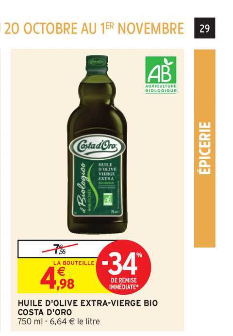 huile d'olive extra vierge bio costa d'oro -34% remise immédiate