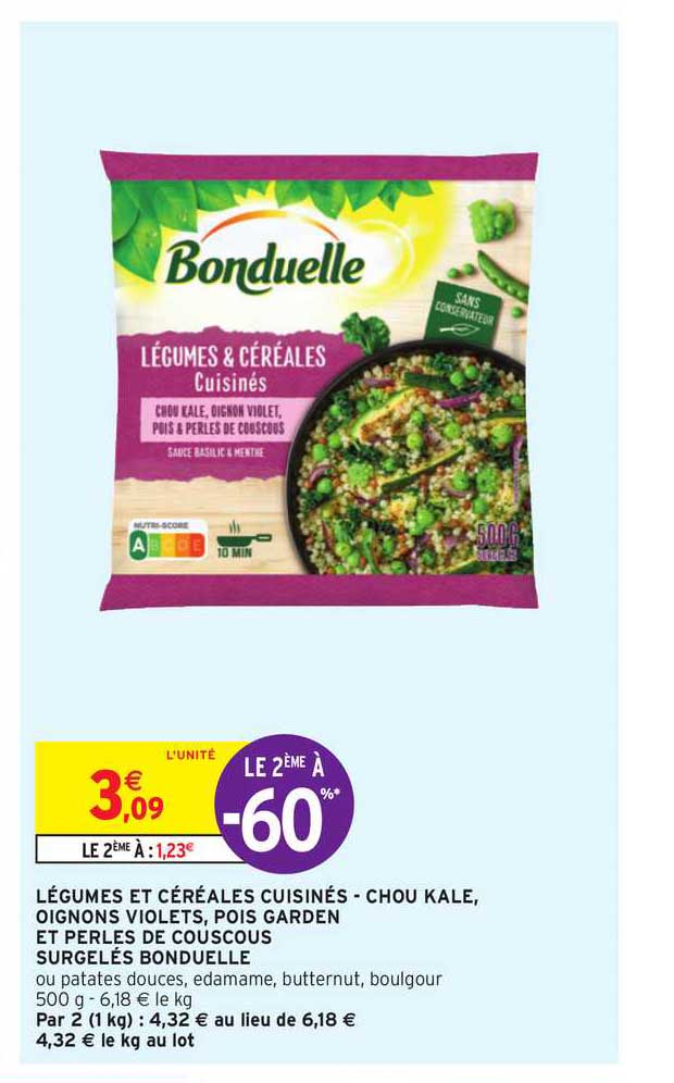 légumes et céréales cuisinés chou kale oignons violets pois garden et perles de couscous surgelés bonduelle le 2ème à -60%