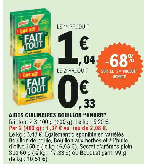 aides cuilinaires bouillon "knorr" -68% sur le 2e produit acheté