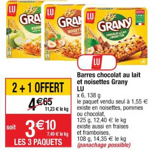 barres chocolat au lait et noisettes grany lu