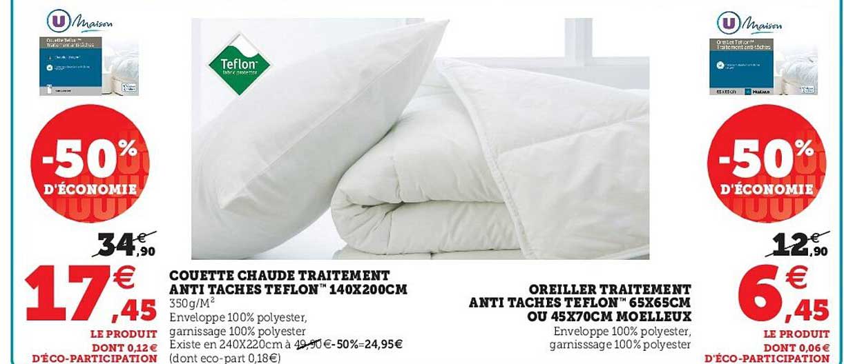 couette chaude traitement anti taches teflon 140 x 200 cm, oreiller traitement anti taches teflon 65 x 65 cm ou 45 x 70 cm moelleux