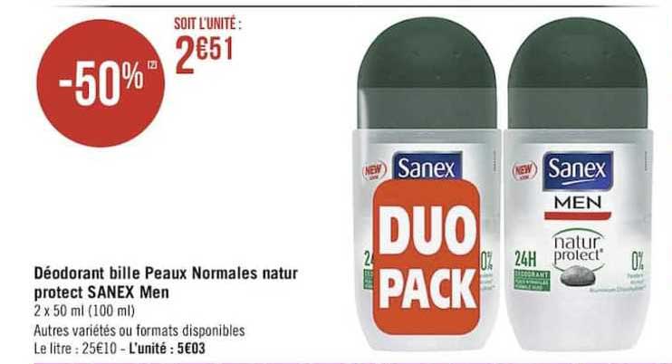 déodorant bille peaux normales natur protect sanex men