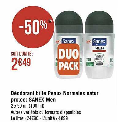 déodorant bille peaux normales natur protect sanex men