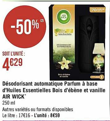 désodorisant automatique parfum à base d'huiles essentielles bois d'ébène et vanille air wick
