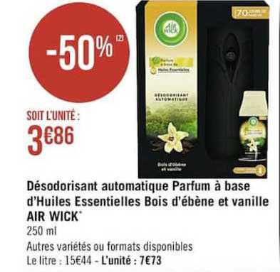 désodorisant automatique parfum à base d'huiles essentielles bois d'ébène et vanille air wick
