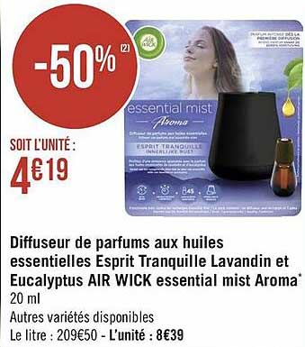 diffuseur de parfums aux huiles essentielles esprit tranquille lavandin et eucalyptus air wick essential mist aroma