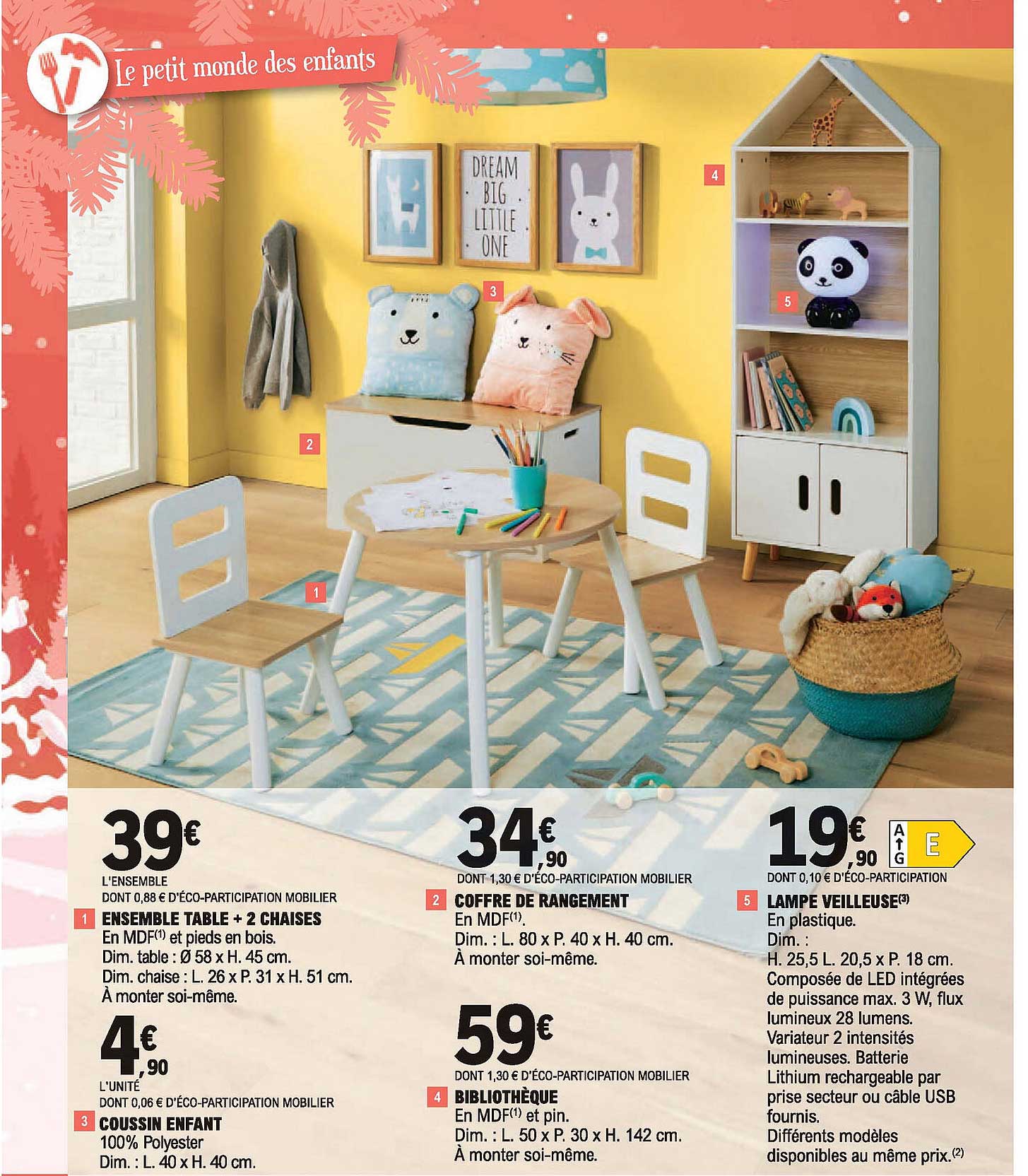 Ensemble Table + 2 Chaises, Coussin Enfant, Coffre De Rangement, Bibliothèque, Lampe Veilleuse