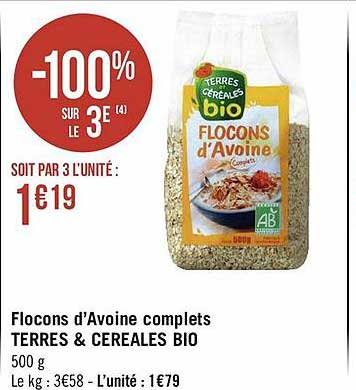 flocons d'avoine complets terres & céréales bio