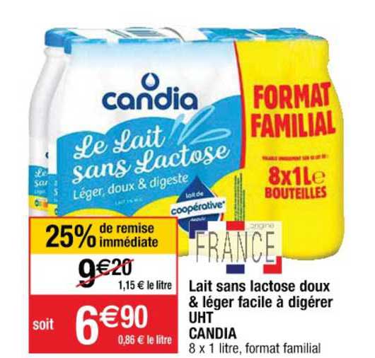 lait sans lactose doux & léger facile à digérer uht candia