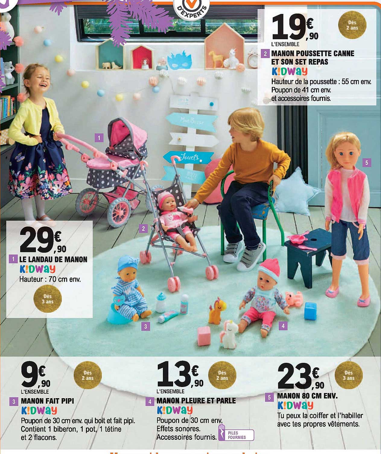 le landau de manon, manon fait pipi, manon pleur et parle, manon 80 cm env., manon poussette canne et son set repas kidway