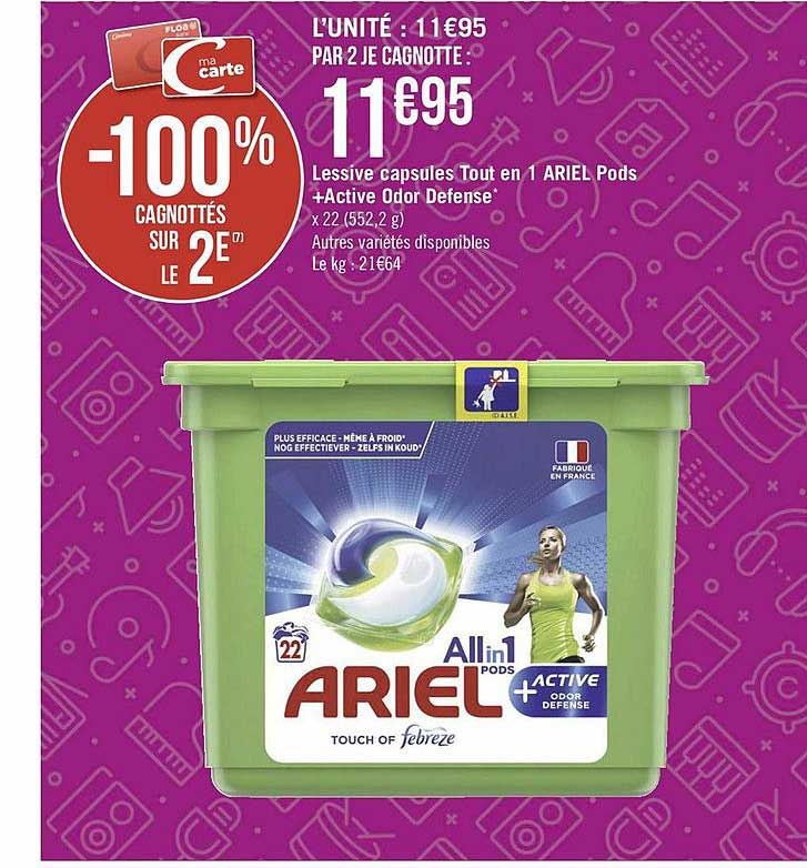 lessive capsules tout en 1 ariel pods + active odor defense