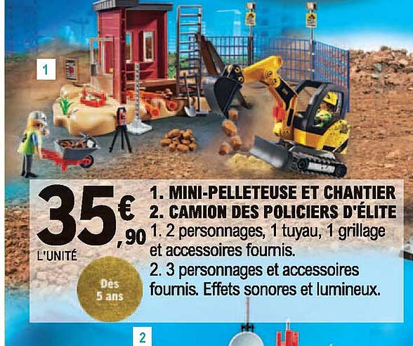 mini-pelleteuse et chantier, camion des policiers d'élite