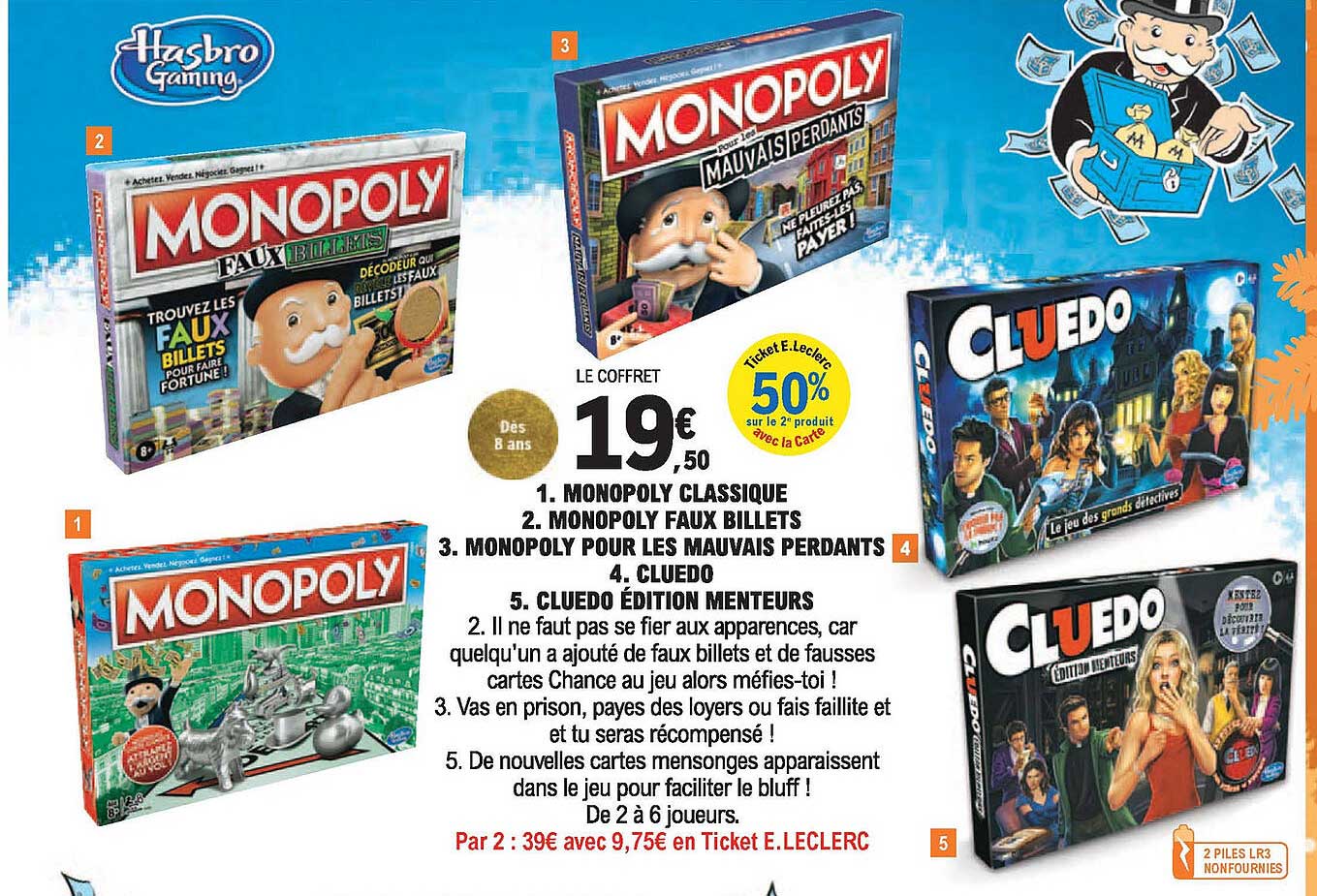 monopoli classique, monopoly faux billets, monopoly pour les mauvais perdants, cluedo, cluedo édition menteurs