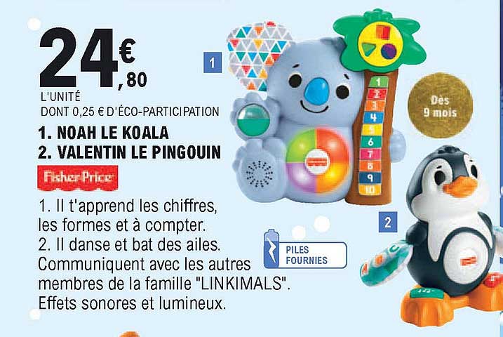 noah le koala, valentin le pingouin fisher price