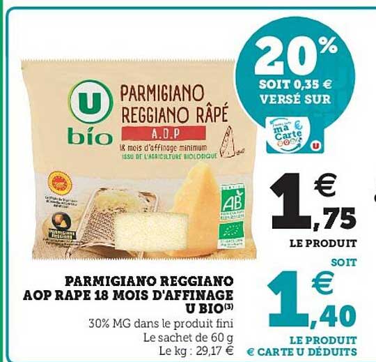 Parmigiano Reggiano Aop Râpé 18 Mois D'affinage U Bio