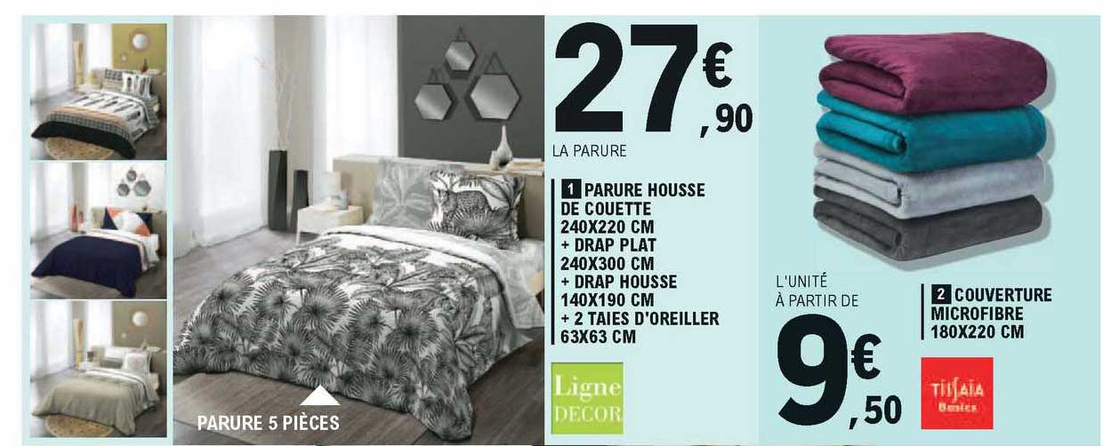 parure housse de couette 240 x 220 cm + drap plat 240 x 300 cm + drap housse 140 x 190 cm + 2 taies d'oreiller 63 x 63 cm , couverture microfibre 180 x 220 cm tissaia basics